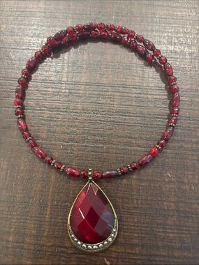 Vintage Monet Red Beaded Wrap Choker Necklace Teardrop Pendant Stamped